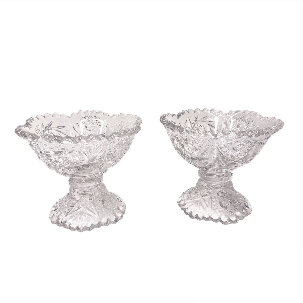 Cut / Pressed Clear Glass Vintage Pedestal Candy Dish SET OF 2